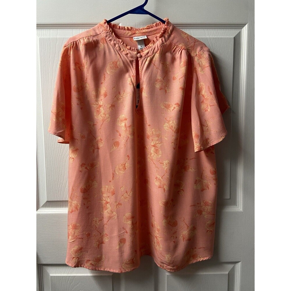 Ava & Viv Top Womens Plus Size 1X Orange V Neck  Floral Print Petal Sleeve NWT